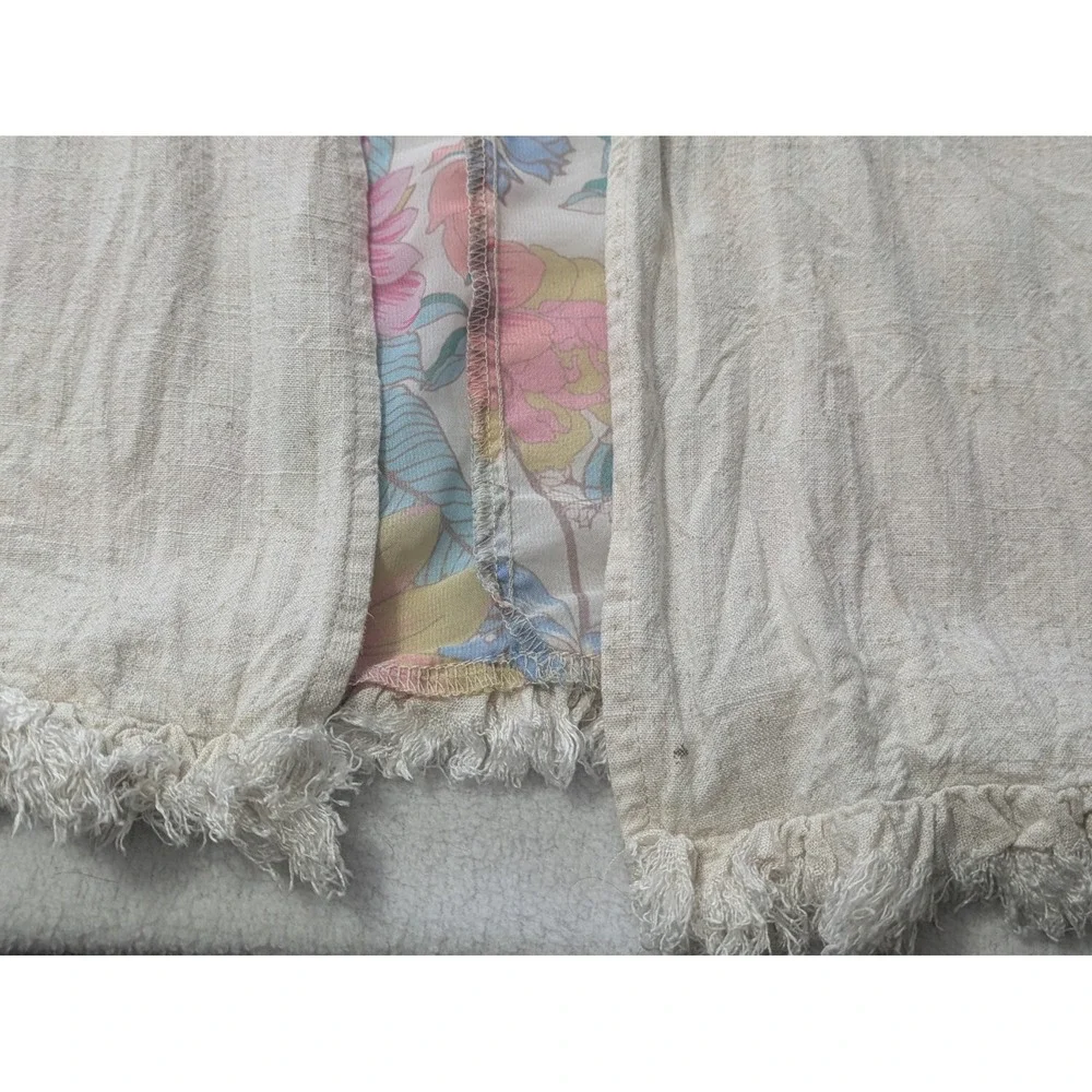 Umgee Kimono 3/4 Sleeve Fringe Hem Open Tunic Med Large Linen Oatmeal Floral‎ - Picture 5 of 11